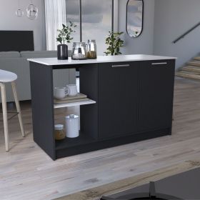 Juniper Kitchen Island with Large Top Surface, Double Door Cabinet, and Open Shelves Black / Ibiza Marble Juniper Kitchen Island with Large Top Surface, Double Door Cabinet, and Open Shelves Black / Ibiza Marble
